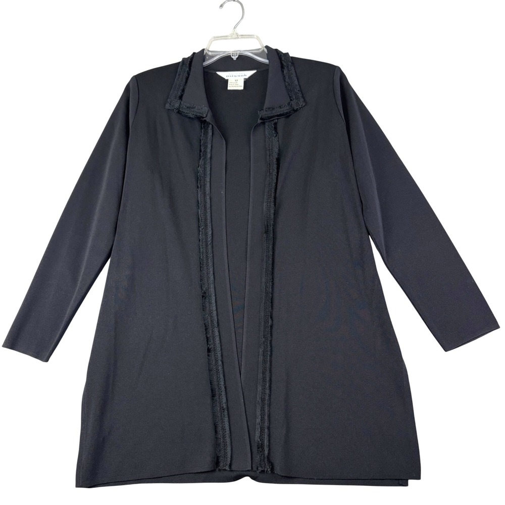 Vintage Misook XS Black Open Front Cardigan Fringe Trim Knit Jacket Minimalist